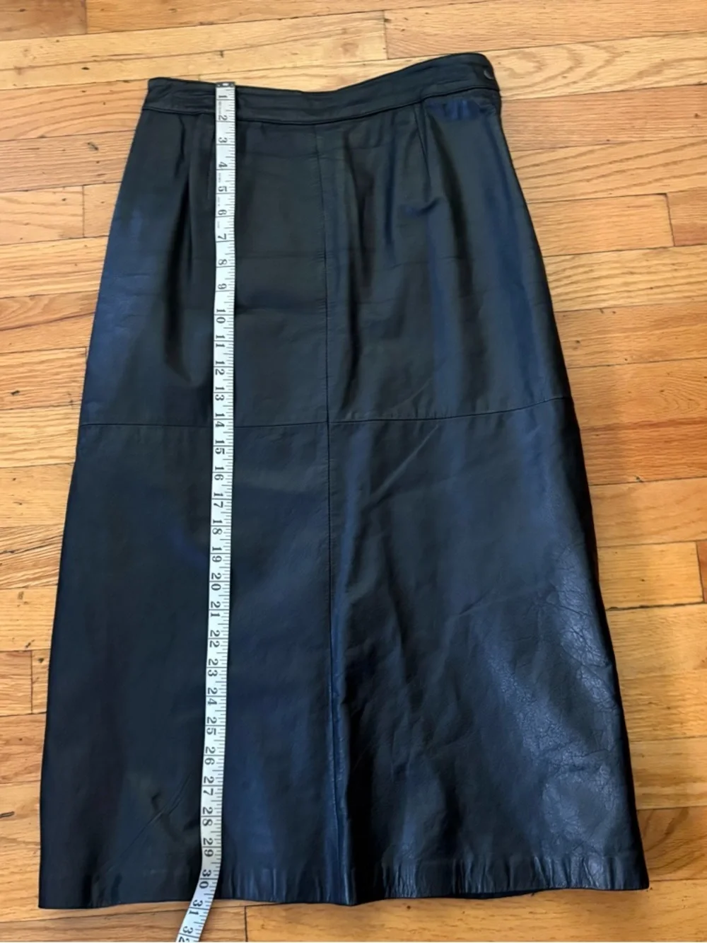 Vintage Tibon Black Leather Midi Skirt High Waist Minimalist 90s Size 12